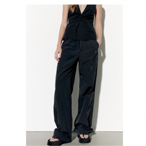 Zara Mid-Rise Nylon Pajama Pants Sz:S Black NWT - Picture 4 of 9